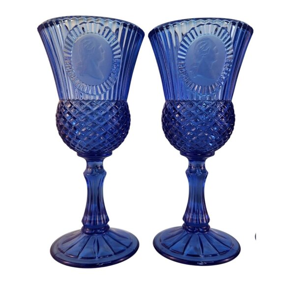 Vtg 1976 Avon Fostoria Cobalt Blue George Martha Washington 4 Glass Wine Goblets - Picture 2 of 11